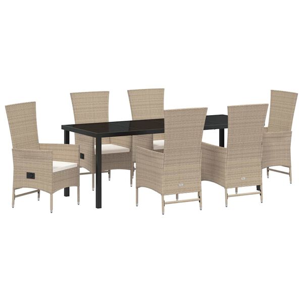 vidaXL Tuin eettafelset met kussen 7 pcs Beige poly rattan