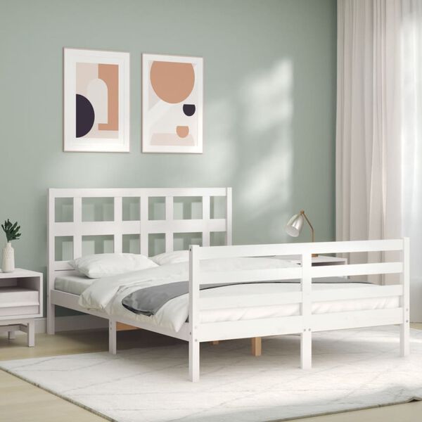 vidaXL Bedframe met hoofdbord massief hout wit 140x190 cm