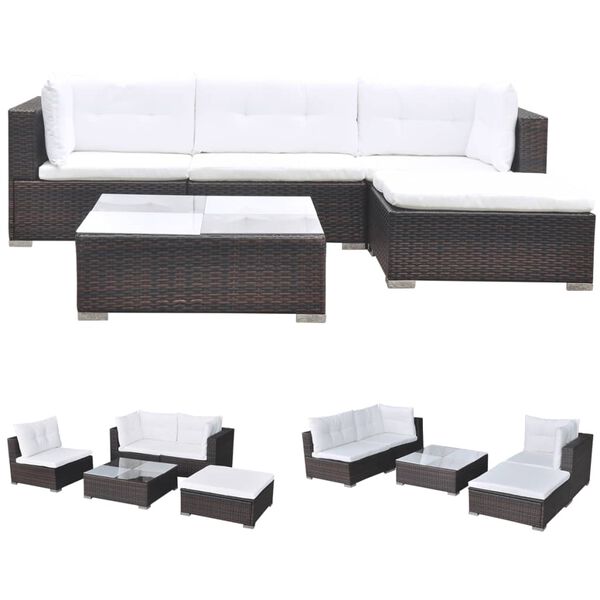 vidaXL 5-delige Loungeset met kussens poly rattan bruin