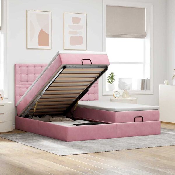 vidaXL Ottoman bed met matrassen en LED's 160x200cm fluweel roze