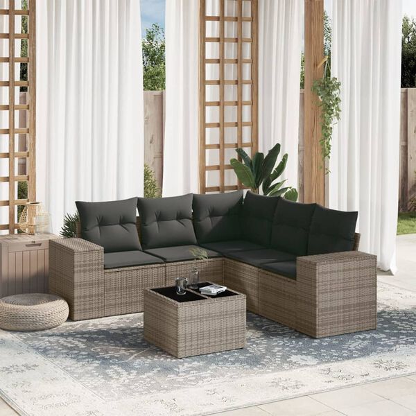 vidaXL 6-delige Loungeset met kussens poly rattan grijs