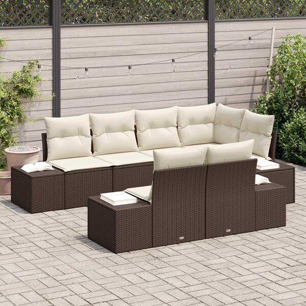 vidaXL Tuinbankenset met opslag 7 pcs Bruin en Cr&egrave;me poly rattan
