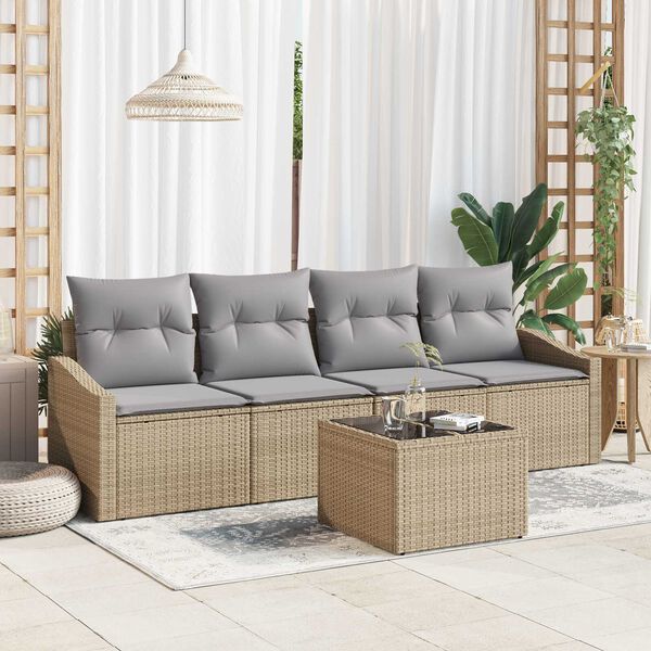 vidaXL Bankstel met kussen met opslag 5 pcs Beige en Grijs poly rattan