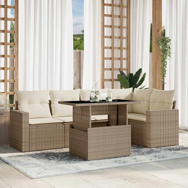 vidaXL 6-delige Loungeset met kussens poly rattan beige