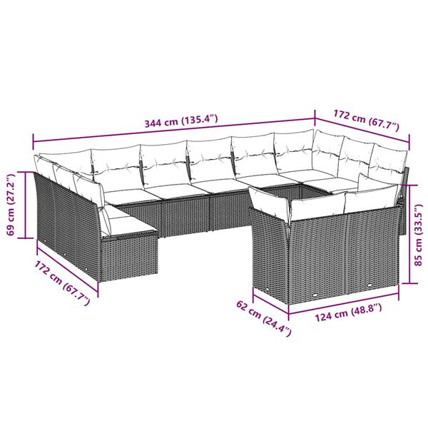 vidaXL 12-delige Loungeset met kussens poly rattan lichtgrijs