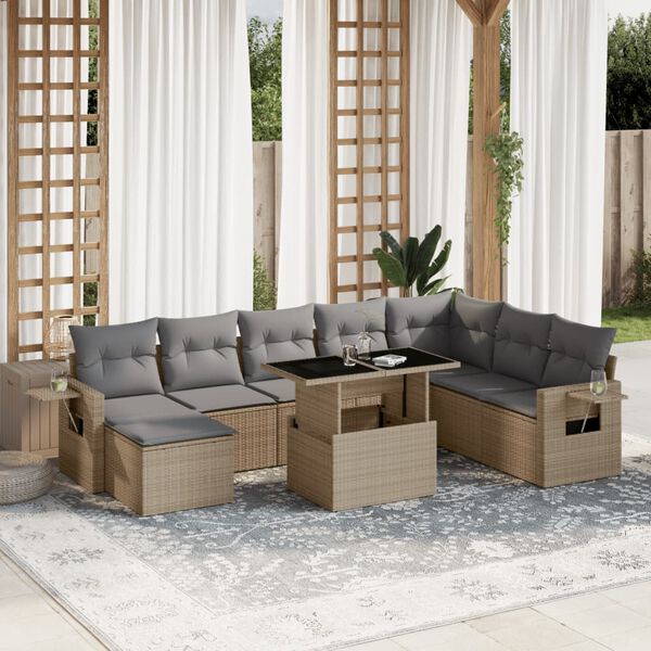 vidaXL 9-delige Loungeset met kussens poly rattan beige