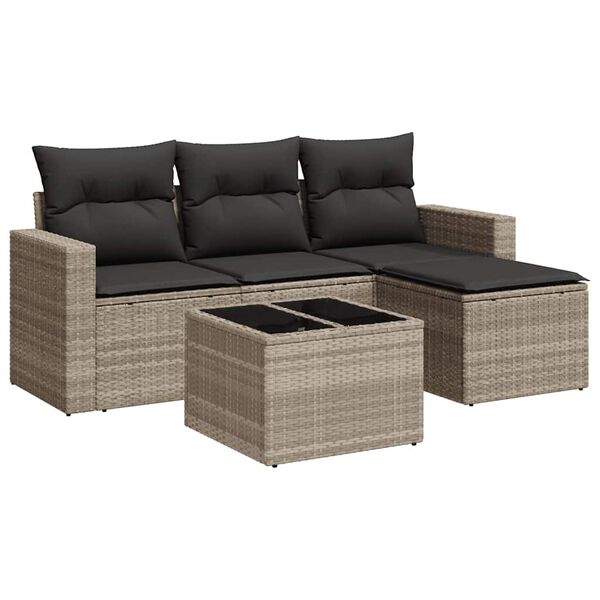 vidaXL 5-delige Loungeset met kussens poly rattan lichtgrijs