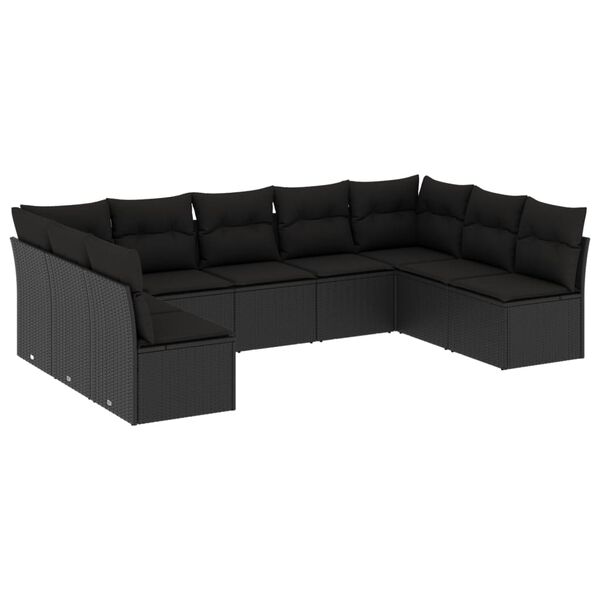 vidaXL 9-delige Loungeset met kussens poly rattan zwart
