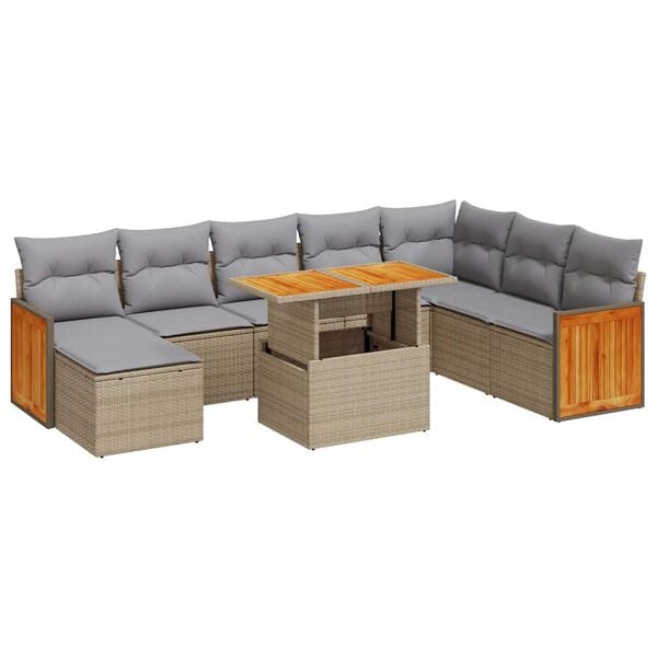 vidaXL 9-delige Loungeset met kussens poly rattan acacia beige