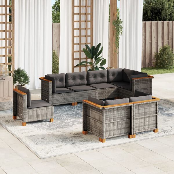 vidaXL 8-delige Loungeset met kussens poly rattan grijs