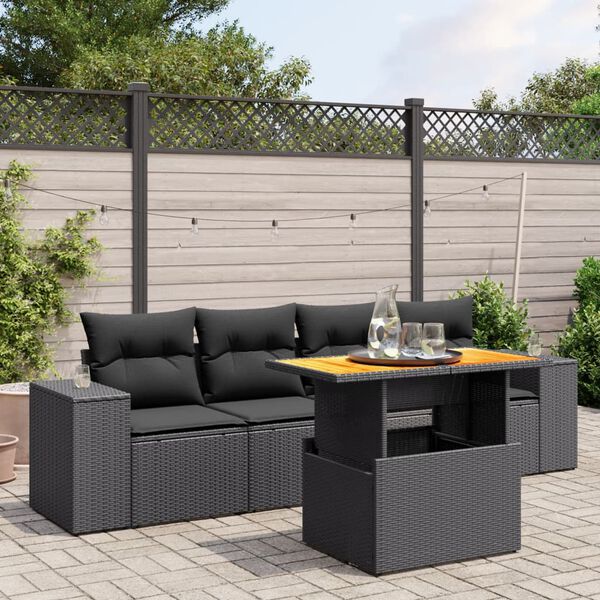 vidaXL 5-delige Loungeset met kussens poly rattan zwart