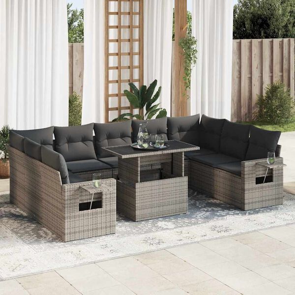 vidaXL 10-delige Loungeset met kussens poly rattan grijs