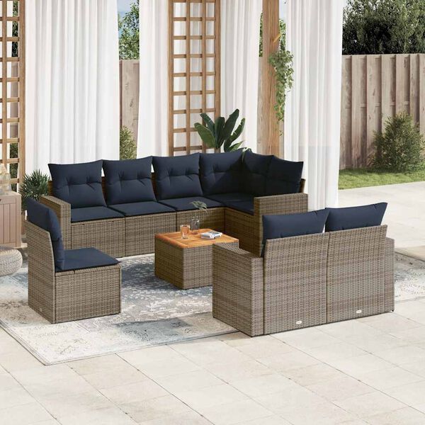 vidaXL 9-delige Loungeset met kussens poly rattan grijs