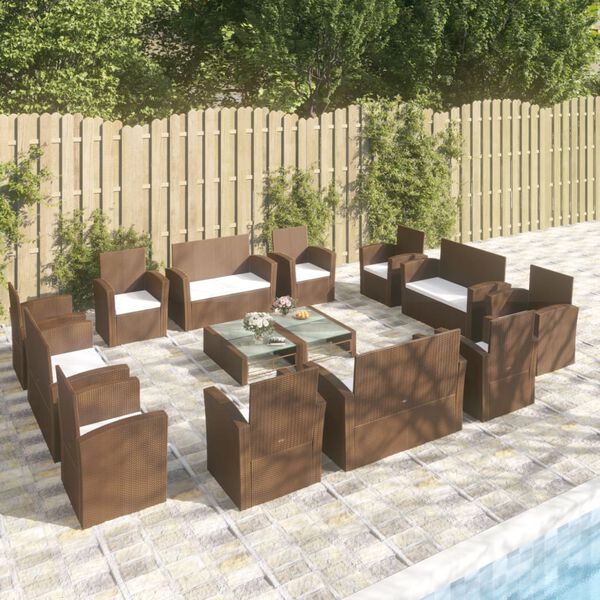 vidaXL 16-delige Loungeset met kussens poly rattan bruin