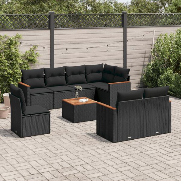 vidaXL 9-delige Loungeset met kussens poly rattan zwart