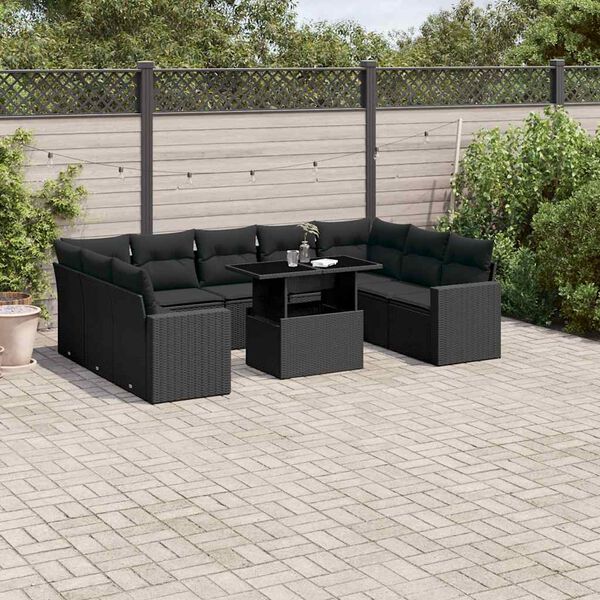 vidaXL 10-delige Loungeset met kussens poly rattan zwart