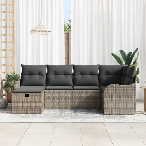 vidaXL Tuin Sofa Set met kussen met opslag 6 pcs Grijs Poly riet