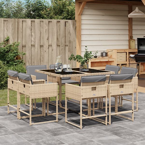 vidaXL 9-delige Tuinset met kussens poly rattan gemengd beige