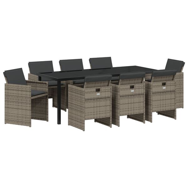 vidaXL Tuin eettafelset met kussen 9 pcs Grijs poly rattan