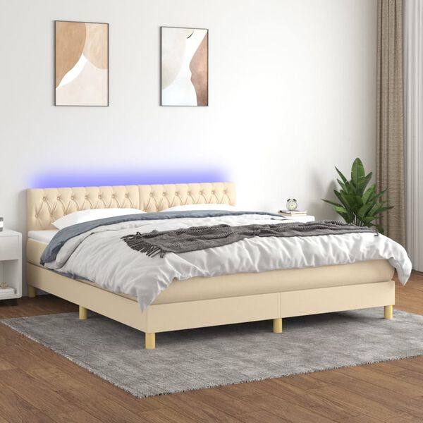 vidaXL Boxspring met matras en LED stof cr&egrave;mekleurig 160x200 cm