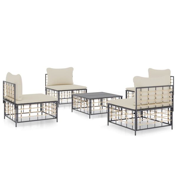 vidaXL 5-delige Loungeset met kussens poly rattan antracietkleurig