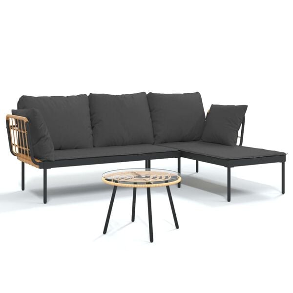 vidaXL 3-delige Loungeset met kussens poly rattan donkergrijs