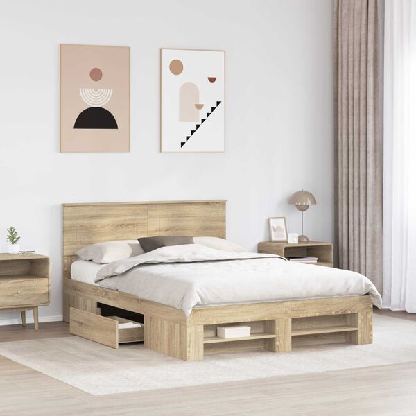 vidaXL Bedframe met hoofdeinde Sonoma Eiken 140 x 200 cm Bewerkt hout