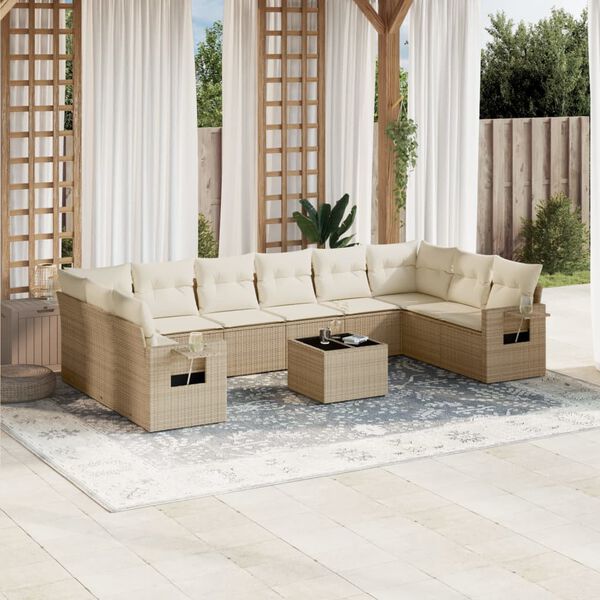 vidaXL 11-delige Tuinset met kussens poly rattan beige