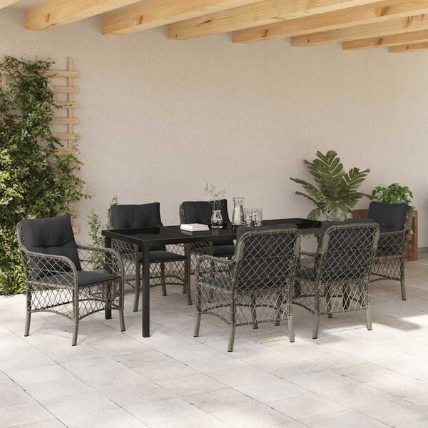 vidaXL Tuin eettafelset met kussen 7 pcs Grijs poly rattan