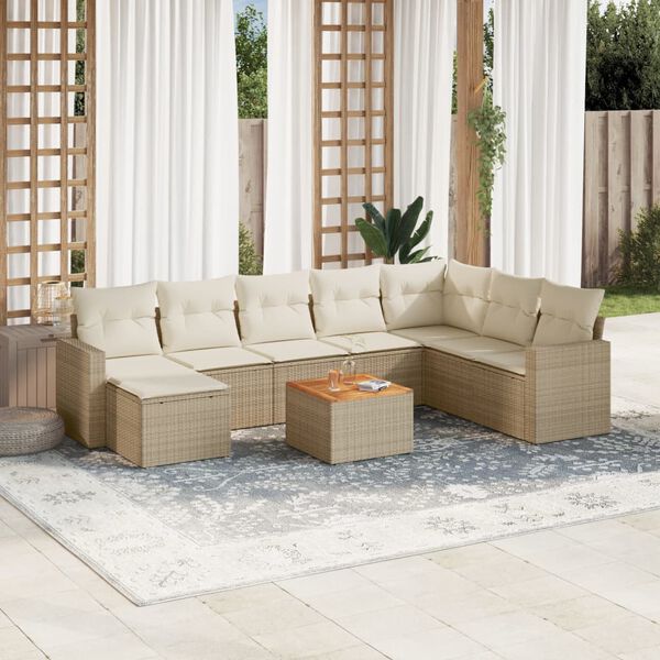 vidaXL 9-delige Loungeset met kussens poly rattan beige