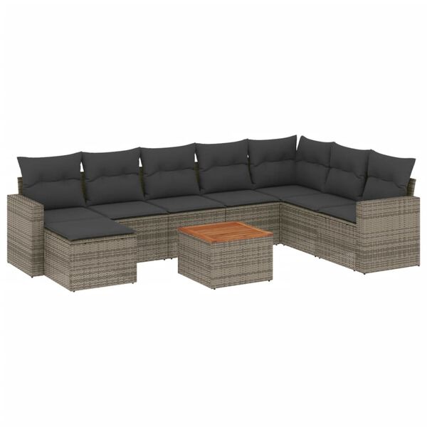 vidaXL 9-delige Loungeset met kussens poly rattan grijs