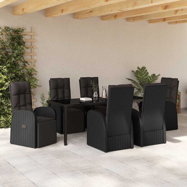vidaXL Tuin eettafelset met kussen 7 pcs Zwart poly rattan