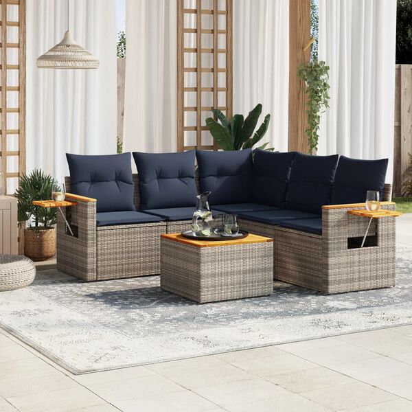 vidaXL 6-delige Loungeset met kussens poly rattan grijs