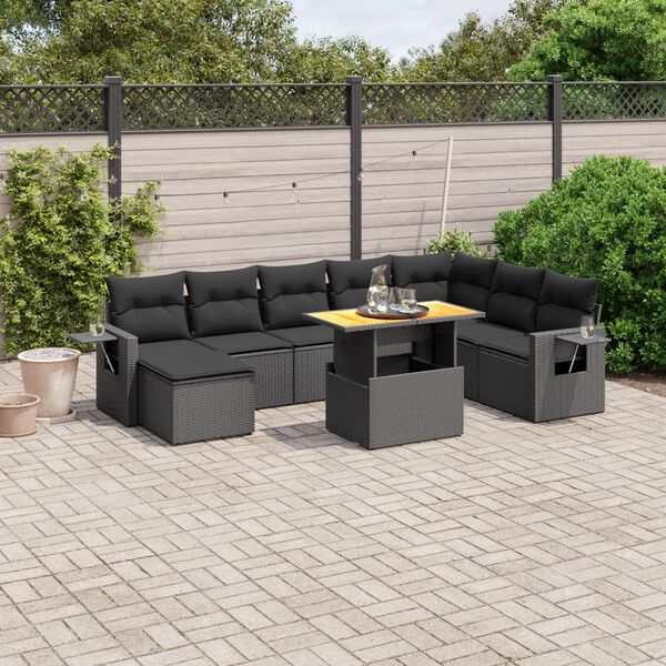 vidaXL 9-delige Loungeset met kussens poly rattan zwart