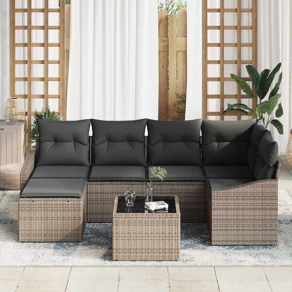 vidaXL Bankstel met kussen 7 pcs Grijs poly rattan