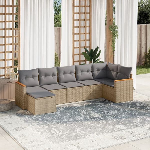 vidaXL 7-delige Loungeset met kussens poly rattan gemengd beige