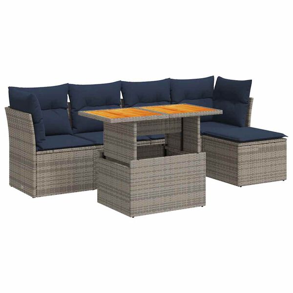 vidaXL 6-delige Loungeset met kussens poly rattan grijs