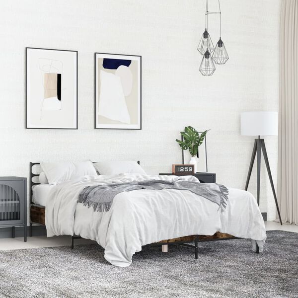 vidaXL Bedframe bewerkt hout metaal gerookt eikenkleurig 140x190 cm