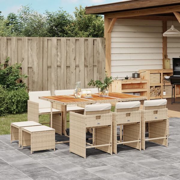 vidaXL 11-delige Tuinset met kussens poly rattan beige