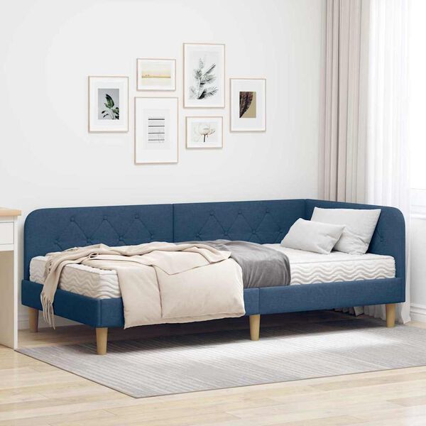 vidaXL Hoekbedframe met matras met hoofdeinde Blauw 90 x 200 cm Stof