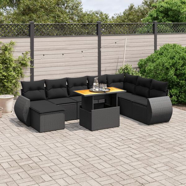 vidaXL 9-delige Loungeset met kussens poly rattan zwart