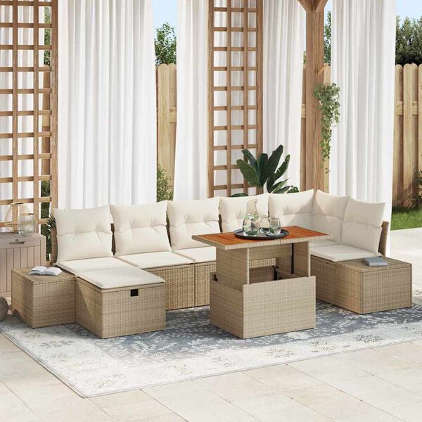 vidaXL Tuinbankenset met kussen met opslag 8 pcs Beige poly rattan