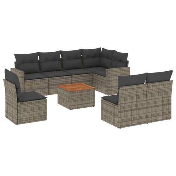 vidaXL 9-delige Loungeset met kussens poly rattan grijs