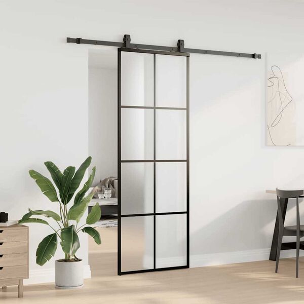 vidaXL Schuifdeur met beslagset 76x205 cm ESG glas zwart