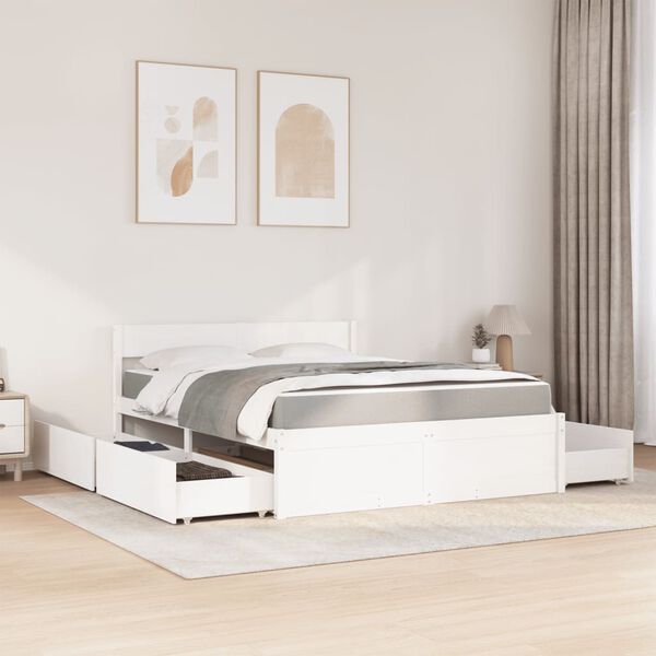 vidaXL Bed met lades en matras massief grenenhout wit 160x200 cm
