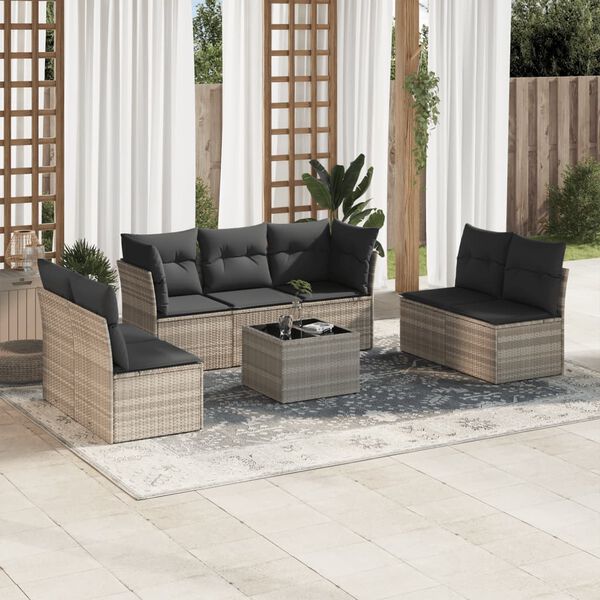 vidaXL 8-delige Loungeset met kussens poly rattan lichtgrijs