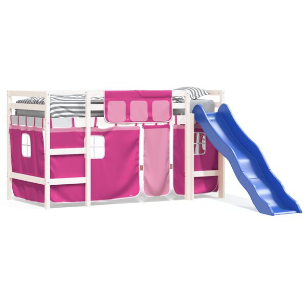 vidaXL Kinderhoogslaper met gordijnen 80x200 cm grenenhout roze