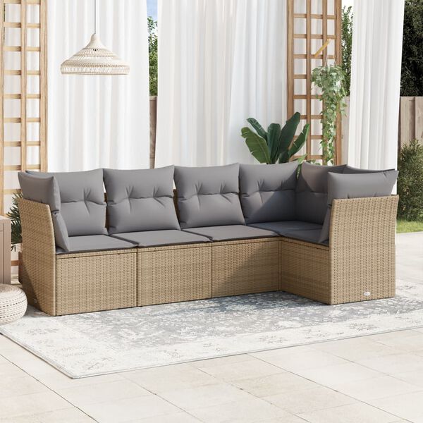 vidaXL 5-delige Loungeset met kussens poly rattan beige