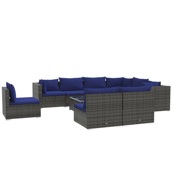 vidaXL 10-delige Loungeset met kussens poly rattan grijs