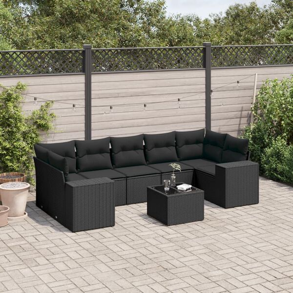 vidaXL 8-delige Loungeset met kussens poly rattan zwart